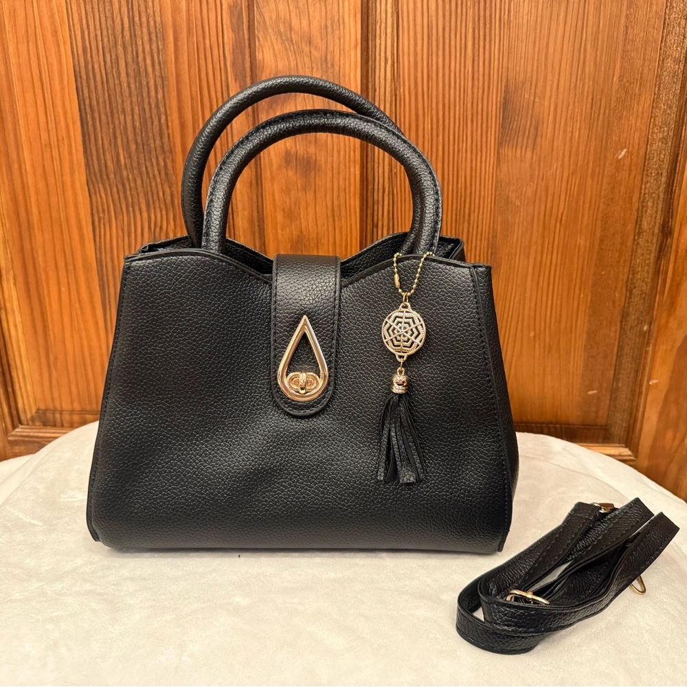 H. Tavel Classic Black Leather Satchel Handbag Gold Hardware Crossbody Strap